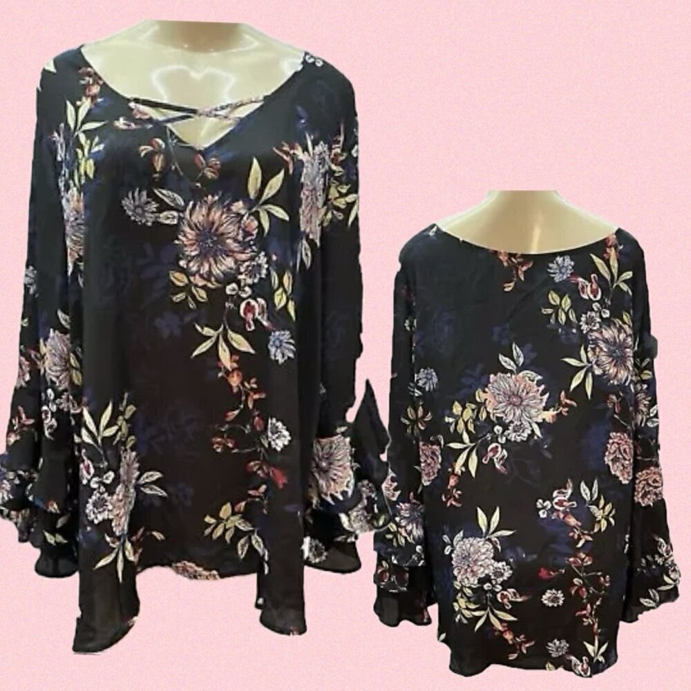 Chelsea Studio +22/24 Black Floral Crossover Strap V-Neck Bell Long Sleeve Top